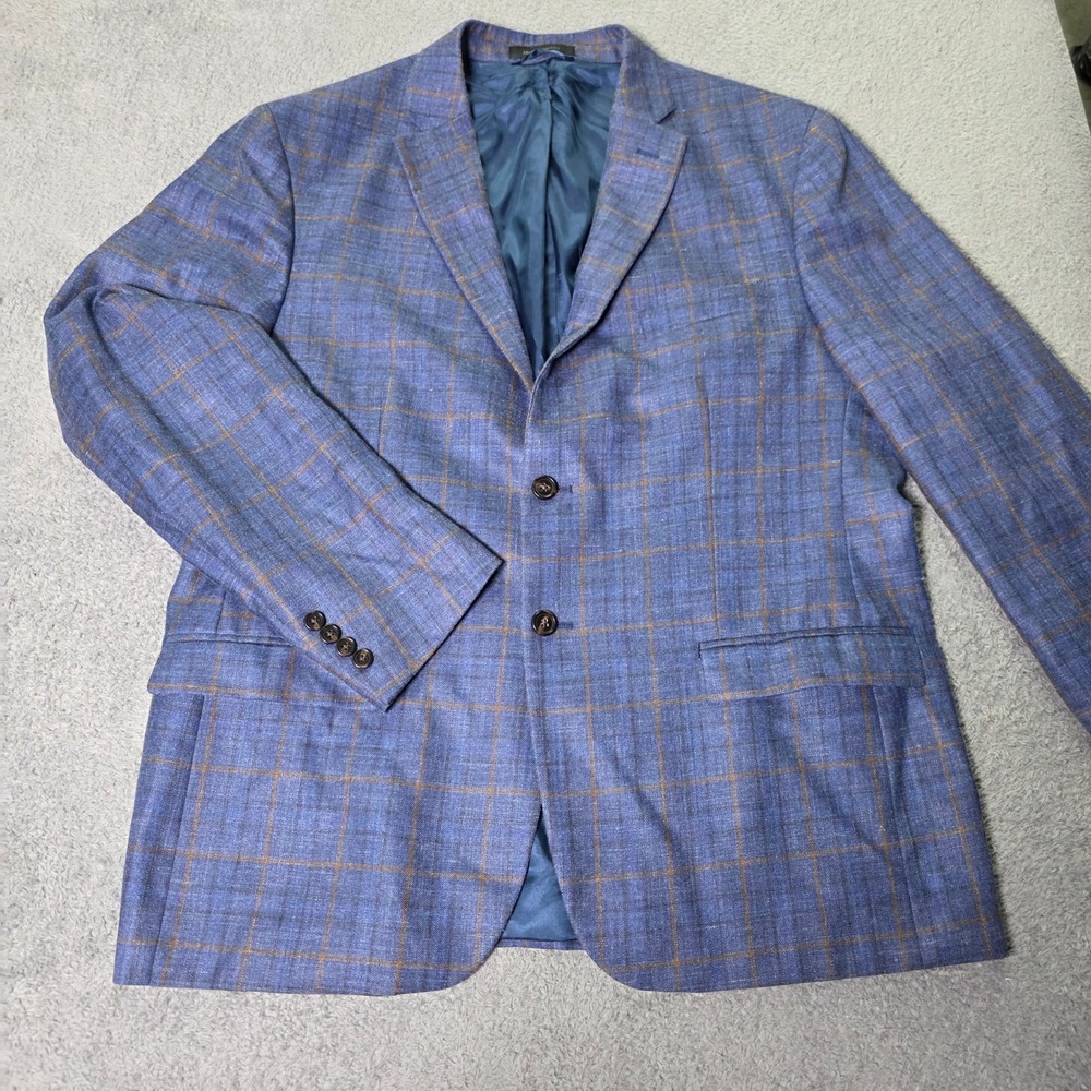Lauren Ralph Lauren Mens 46R Blazer Blue Wool Silk Linen Windowpane Sport Coat
